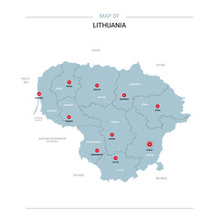 Lithuania vector map. Editable template with regions, cities, red pins and blue surface on white background. 
