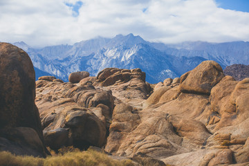 View of Alabama Hills, famous filming location rock formations near the eastern slope of Sierra Nevada, Owens Valley, west of Lone Pine in Inyo County, Inyo National Forest, California, United States.