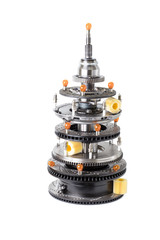 Abstract christmas tree of car parts on a white background. Decorated with Christmas toys, garland