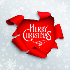 Merry Christmas banner in the realistic torn paper design. Red detailed paper hole. Christmas greeting background with snowflakes and snow. Vector illustration - 234367814