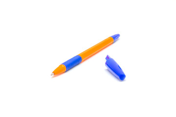 Yellow ballpoint pen on white isolated background