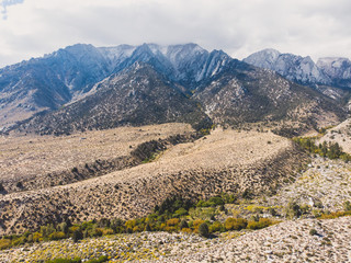 View of Lone Pine Peak, east side of the Sierra Nevada range, the town of Lone Pine, California, Inyo County, United States of America, John Muir Wilderness, Inyo National Forest, shot from drone