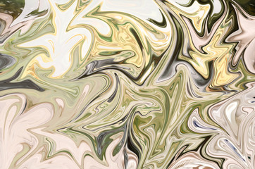 Liquify Abstract Pattern With Green, Black And Yellow Graphics Color Art Form. Digital Background With Liquifying Flow.