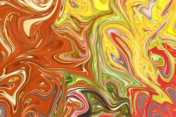 Liquify Abstract Pattern With Yellow, Orange, Red, Pink And Green Graphics Color Art Form. Digital Background With Liquifying Flow.