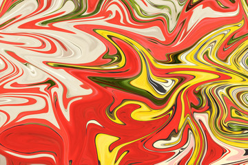Liquify Abstract Pattern With Yellow, Orange, Red, Pink And Green Graphics Color Art Form. Digital Background With Liquifying Flow.