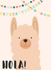 Vector illustration of a hand-drawn llama or alpaca, decorationsa with an inscription Nola on the light background. Image on South American themes for children, textiles, clothing, cards, invitations.