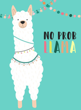 Vector illustration of a white alpaca in clothes with national motives with an inscription No prob llama on a blue background. Image for children, cards, invitation, print, textiles.