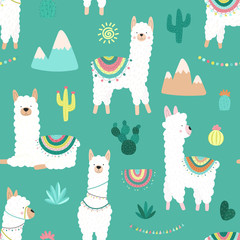 Seamless pattern of cute hand-drawn white llamas or alpacas, cacti, mountains, sun, garlands on a blue background. Illustration for children, room, textile, clothes, cards, wrapping paper.