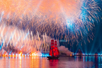 Swedish brig Tre Krunur on the annual celebration school graduates Scarlet Sails in St. Petersburg....