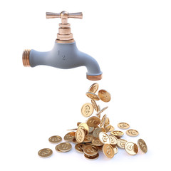 Dripping tap with drop of gold coins