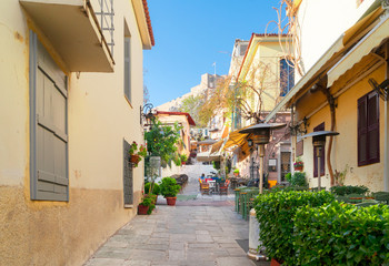 Fototapeta na wymiar small cosy street of famous Placa old town district in Athens, Greece