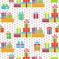Seamless pattern of colorful stylized gift boxes and dots on a white background.