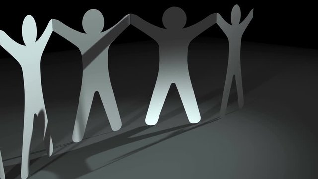 Teamwork concept. Human paper doll people cut rotating in circle with shadows reflection on gray floor, LOOP background