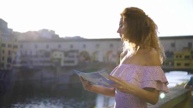 Young Lady Search Location On Florence City Map, Tourist Woman Lost In Town