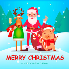 Funny Santa Claus, cute deer and pig