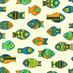 Vector seamless fish pattern. Repeating background with tropical fish and bubbles. Set of fish, sea pattern. Great for web page, wallpaper, fabric, cover,wrapping paper, poster, scrapbook, and more