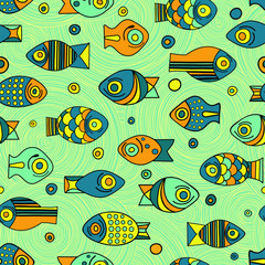 Naklejka premium Vector fish pattern. Sea background with tropical fish and bubbles. Set of fish, frame design made of childish doodles. Great for web page, wallpaper, banner, cover, poster, pack, scrapbook, and more