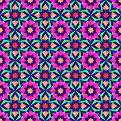 Geometric seamless background of abstract flowers. Triangle pattern, repeating floral print. Botanic texture for web page background, fabric, wallpaper, scrapbook, clothing, cover, and more. Vector