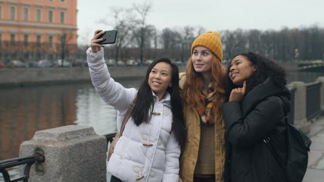 Multi Ethnic Girls Making Funny Faces And Smiling For Selfies In City 4k