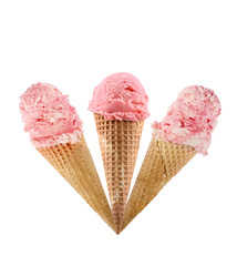 Strawberry ice cream scoops with cone isolated on white background