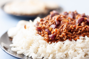 A plate of home-made chilli con carne with white long grain rice