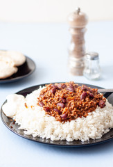 A plate of home-made chilli con carne with white long grain rice