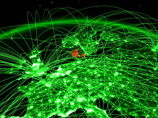 Denmark on green planet Earth with international network representing communication, travel and connections.