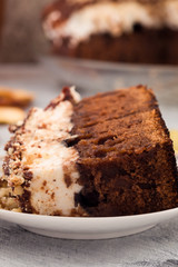 A sliced piece of cake on a plate. A layer of white meringue and chocolate batter. Vertical. Light background.