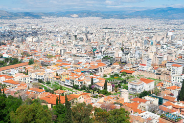Summer cityscape of Athens houses of Placa district, Greece