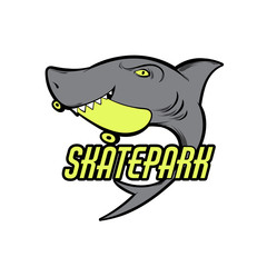 Vector placard with hand drawn illustration of shark with skateboard in mouth. Template for card, poster, banner, print for t-shirt, pin, badge and patch.