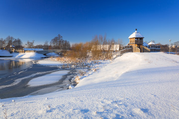Snowy winter at historic settlement village in Pruszcz Gdanski, Poland