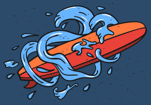 Surfing Surf Themed Longboard And Stylized Water Waves And Drops Hand Drawn Traditional Old School Tattoo Aesthetic  Influenced Art Drawing Vintage Inspired Illustration for t shirt Print Vector Image