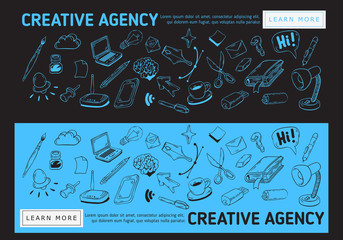 Creative Agency Office Web Banner Design With Artistic Cartoon Hand Drawn Sketchy Line Art Drawings Illustrations Of Essential Related Objects Of Every Day Working Things And Tools. Vector Graphic.	
