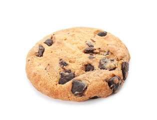 Tasty chocolate chip cookie on white background
