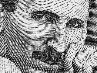 Nikola Tesla portrait on Serbia 100 dinars extreme macro, genius physicist. Black and white