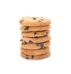 Stack of tasty chocolate chip cookies on white background
