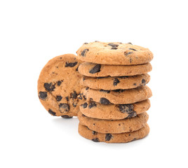 Stack of tasty chocolate chip cookies on white background