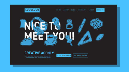 Creative Agency Office Landing Page Example Mockup Design For Web With Artistic Hand Drawn  Line Art Drawings Illustrations Of Essential Related Objects Of Every Day Working  Tools. Vector Graphic.	