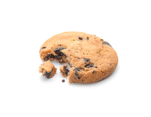 Bitten chocolate chip cookie on white background