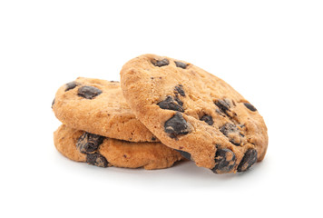 Pile of tasty chocolate chip cookies on white background