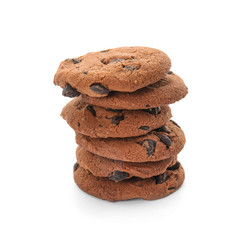 Stack of tasty chocolate chip cookies on white background