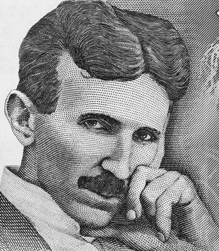 Nikola Tesla Portrait On Serbia 100 Dinars Banknote Close Up Macro, Genius  Physicist. Black And White