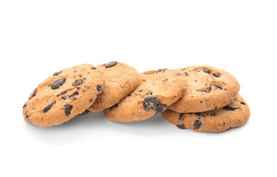 Pile of tasty chocolate chip cookies on white background