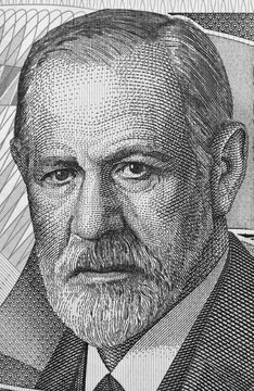 Sigmund Freud portrait on Austria 50 schilling banknote closeup macro. Austrian neurologist and the founder of psychoanalysis. Black and white