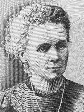 Madam Marie Curie on Poland 20 Zlotych banknote. Famous scientist and inventor in chemistry and physics. Black and white