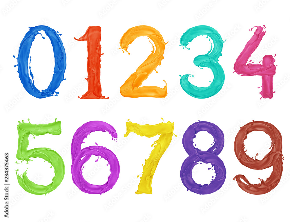 Fototapete numbers are made of splashes of multicolored paint on white background