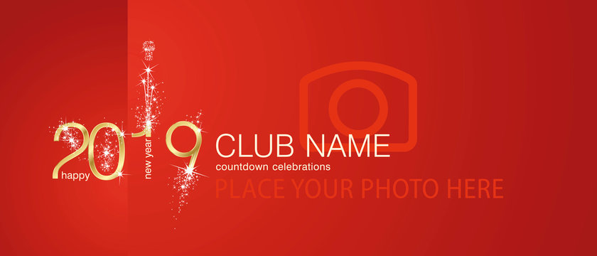New Year 2019 gold firework countdown celebrations club invitation red background front side