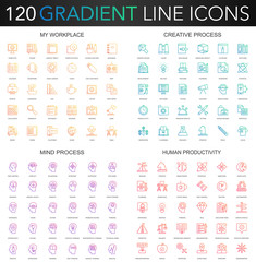 120 trendy gradient style thin line icons set of my workplace, creative process, human productivity, mental mind process.