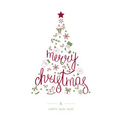 Merry Christmas and Happy New Year greeting card with abstract Christmas tree.