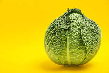Fresh green savoy cabbage and space for text on color background
